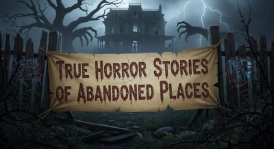 Creepy haunted house in dark woods with lightning, abandoned mansion with eerie atmosphere, tree hands, torn fence, and spooky sign reading "True Horror Stories of Abandoned Places" for Halloween or horror themes.