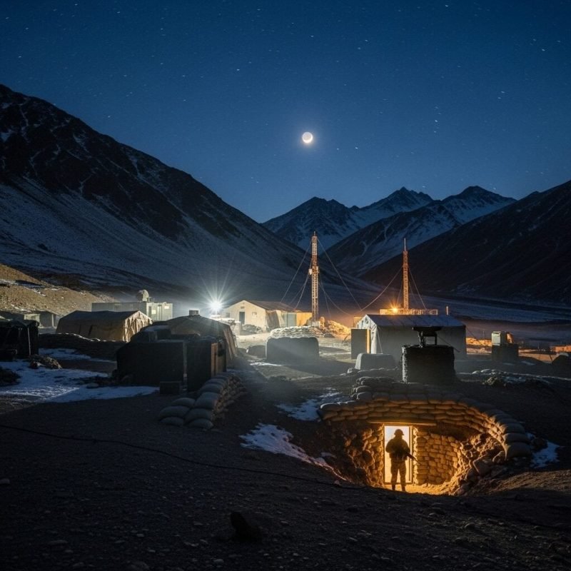Remote military base in snowy mountain valley at night under a crescent moon, with tents, communication towers, and a soldier guarding the entrance illuminated by warm light.