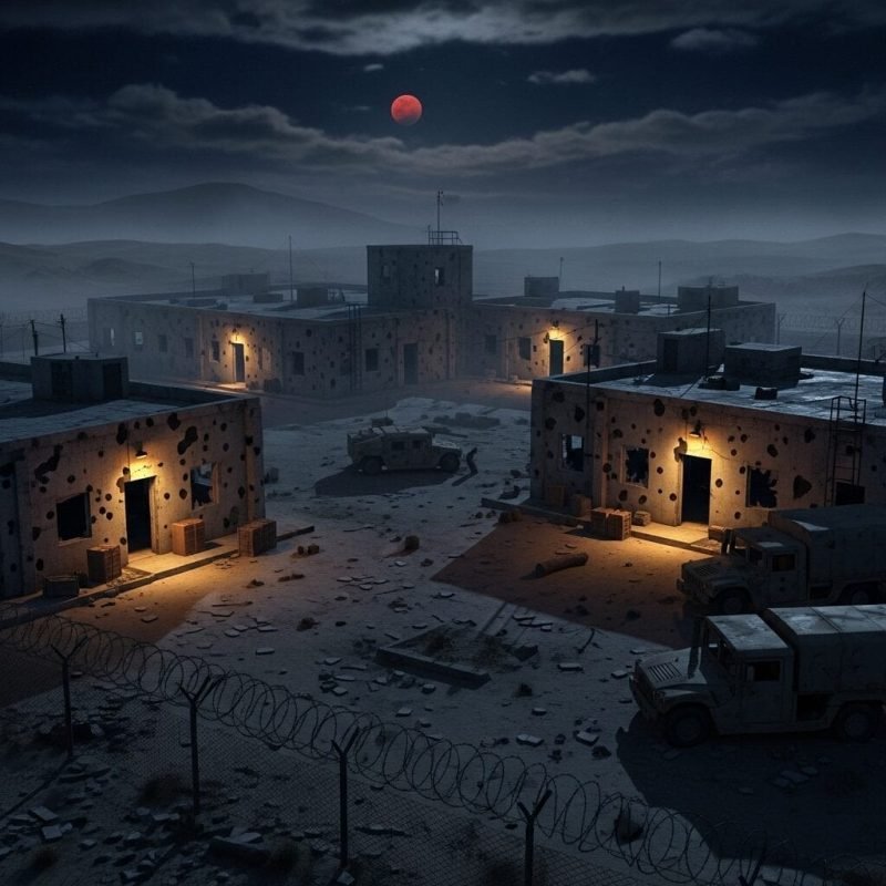 Abandoned military base at night with damaged buildings, barbed wire fences, and parked armored vehicles under a blood-red moon, creating a creepy, eerie atmosphere perfect for horror themes.