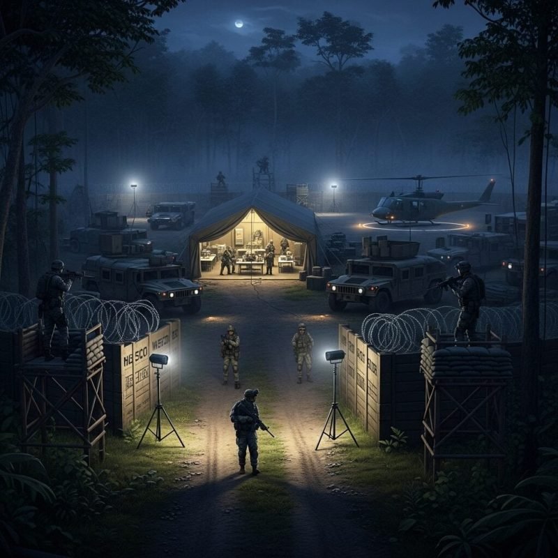 Nighttime military base in a jungle setting with soldiers, armored vehicles, barbed wire fencing, surveillance equipment, and a helicopter, illuminated by bright lights, all under a moonlit sky.