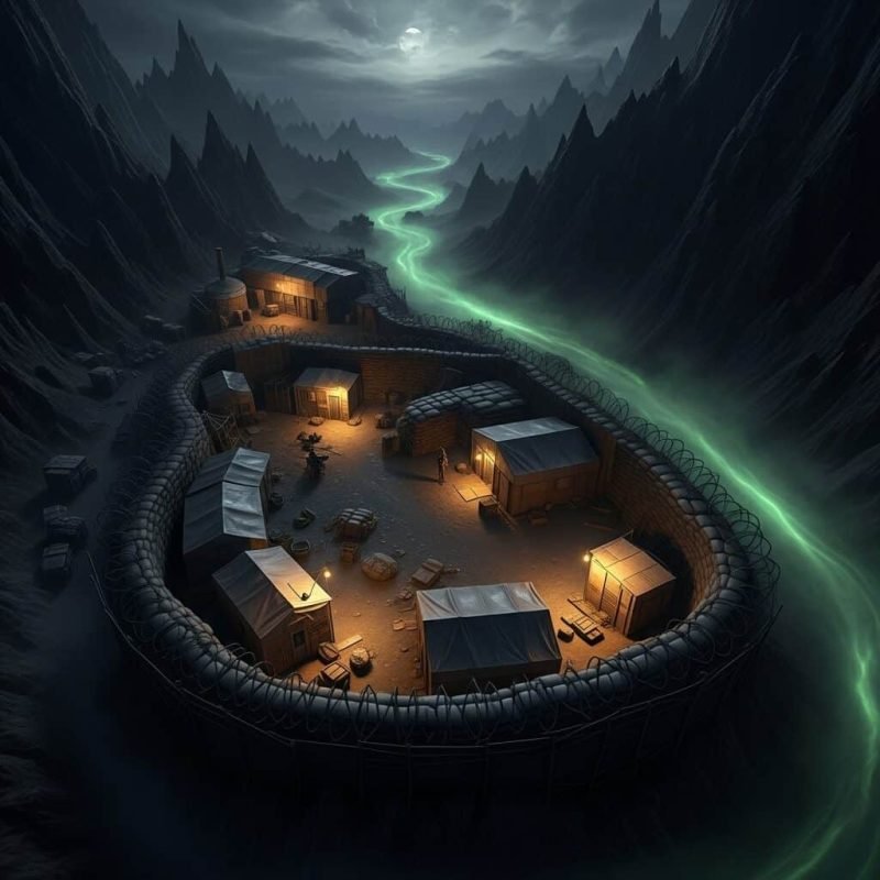 Desolate military bunker in a mountain valley under moonlight with green glowing river flowing nearby, creating an eerie atmosphere for strategic and clandestine operations.