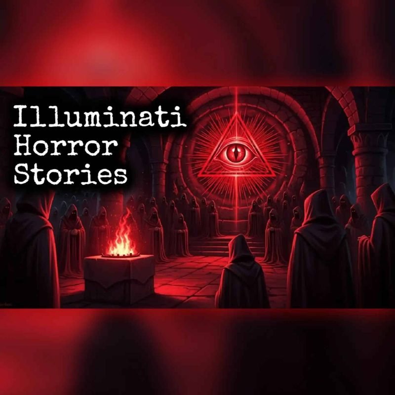 Eerie group of cloaked figures gathered around a fire in a dark, gothic chamber with a glowing red pentagram and an all-seeing eye, perfect for horror storytelling themes.