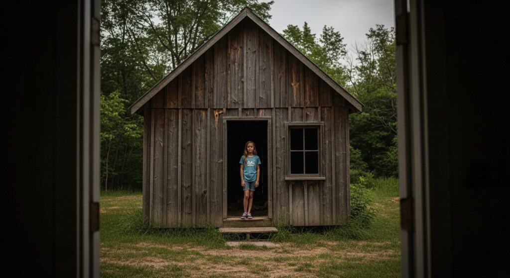 Haunted wooden cabin in a forest setting with a young girl standing in the doorway featuring Creepy HQ Halloween theme.