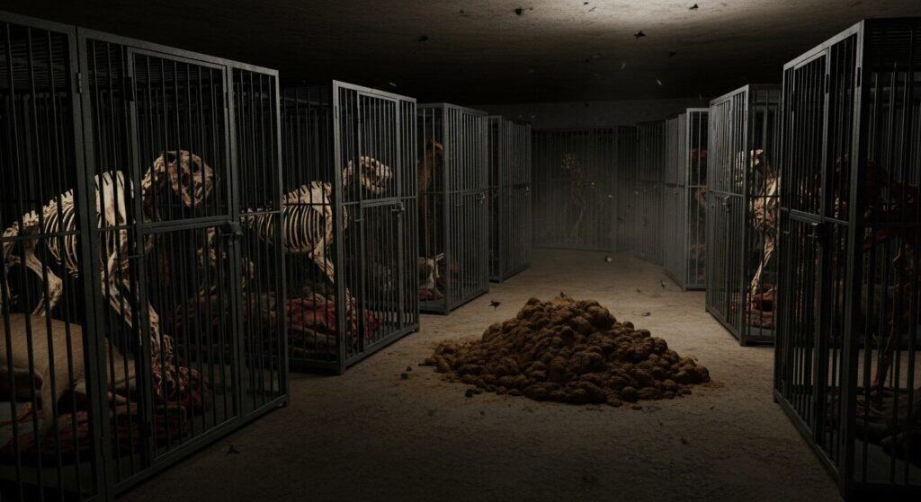 Creepy HQ image with zoo-like cages containing skeletons of tigers in a dark, eerie setting. The scene is mysterious and unsettling, evoking a horror atmosphere with a pile of dirt or debris in the center.