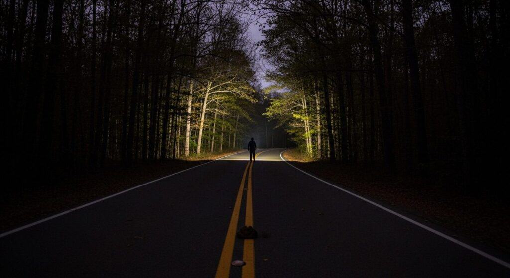 Dark forest road at night illuminated by headlights, eerie atmosphere with a solitary figure standing in the middle, creating a suspenseful horror scene for creepy stories.