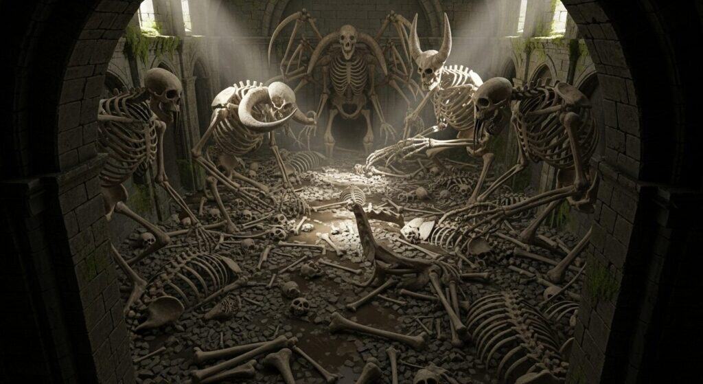 Creepy skeletons and bones scattered inside an ancient, abandoned dungeon with eerie mist and dim natural light illuminating the macabre scene.