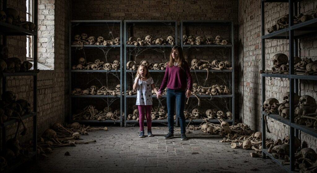 Skull collection in creepy museum with children, haunted skeleton display, spooky skulls on shelves, eerie abandoned building, haunted house exhibit with human skulls.