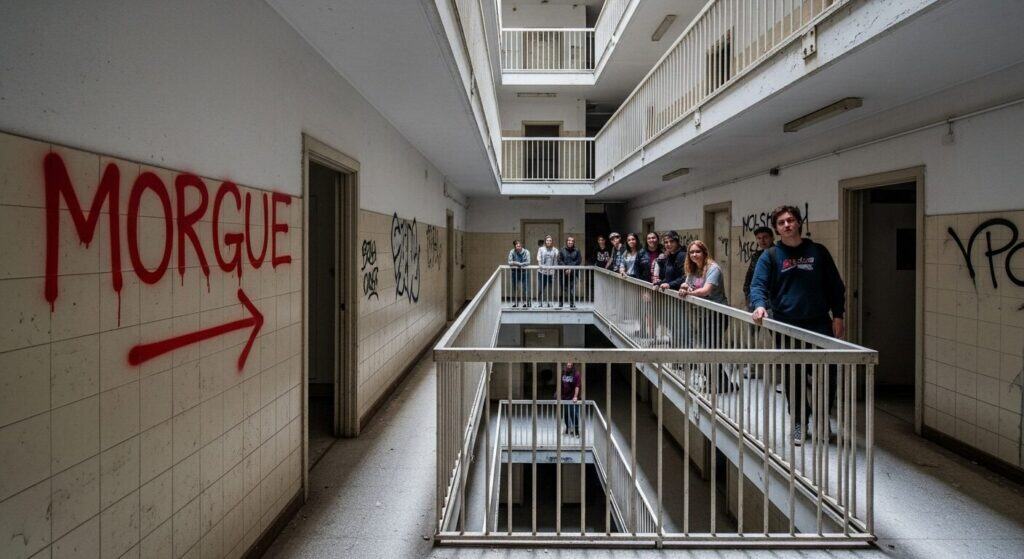 Abandoned building with graffiti warning of "MORGUE" on wall, group of teenagers exploring, creepy urban exploration scene, dimly lit hallway in a derelict structure, youth adventure at spooky location.