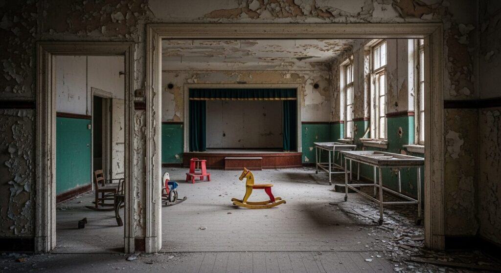 Abandoned school classroom with chipped walls, old furniture, and children's toys on the floor, creating a haunting and nostalgic atmosphere of neglect and decay.