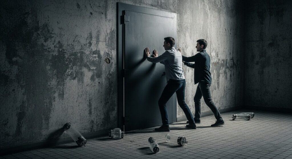 Creepy hallway with two men pushing a large metal door amidst scattered broken light bulbs and debris, dark and eerie atmosphere, suspenseful scene, sinister setting, unsettling environment, horror-themed imagery, spooky ambiance, creepy location.