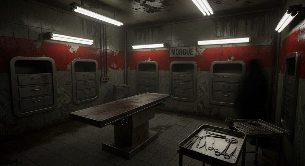 Creepy morgue room with rusty medical tools on a tray and old, peeling walls, dim lighting, and a blood-stained table in a horror or spooky setting for Halloween or haunted house themes.