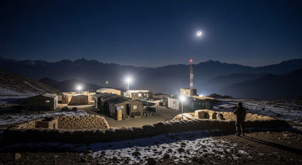 A remote military or communications outpost in a mountainous, snow-covered landscape illuminated by bright lights under a night sky with a crescent moon and stars. A soldier stands guard near sandbags, highlighting security and isolation.