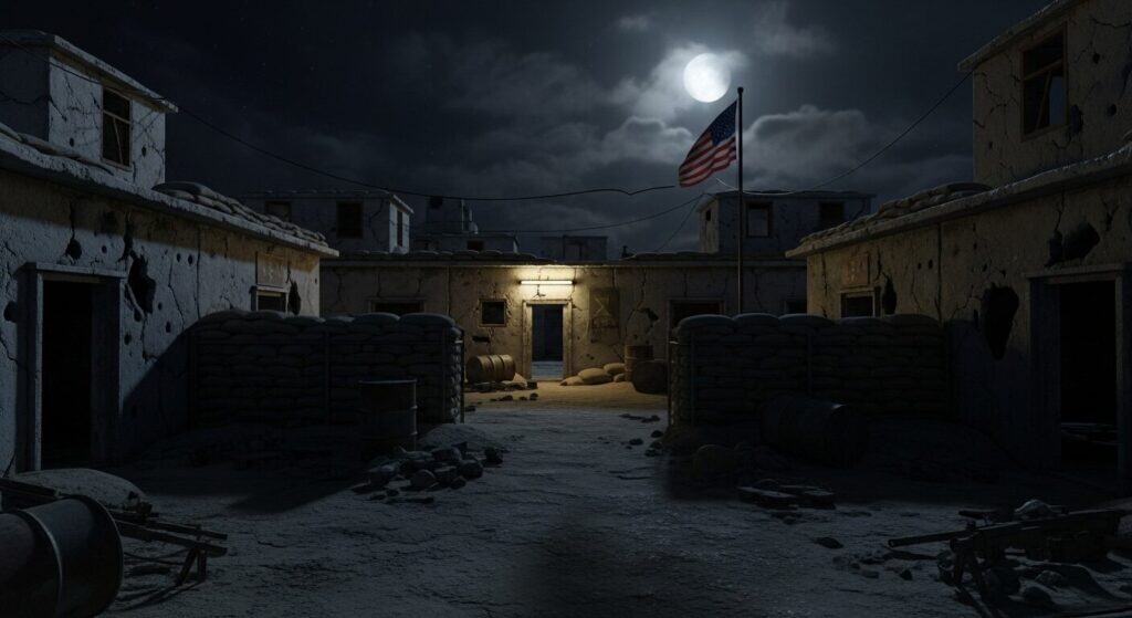Ruined buildings under a full moon with sandbag barricades and American flag, creating a post-apocalyptic or warzone atmosphere at night.