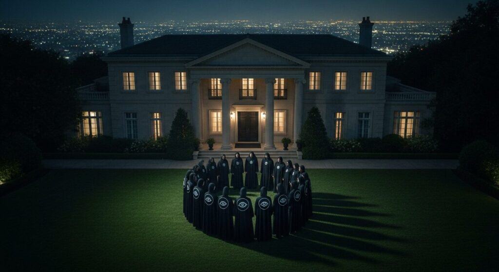 Creepy figures with eyes on black cloaks gathered in a circle in front of a grand mansion at night, eerie atmosphere, dark shadows, illuminated windows, spooky Halloween-themed scene for Creepy HQ keywords.